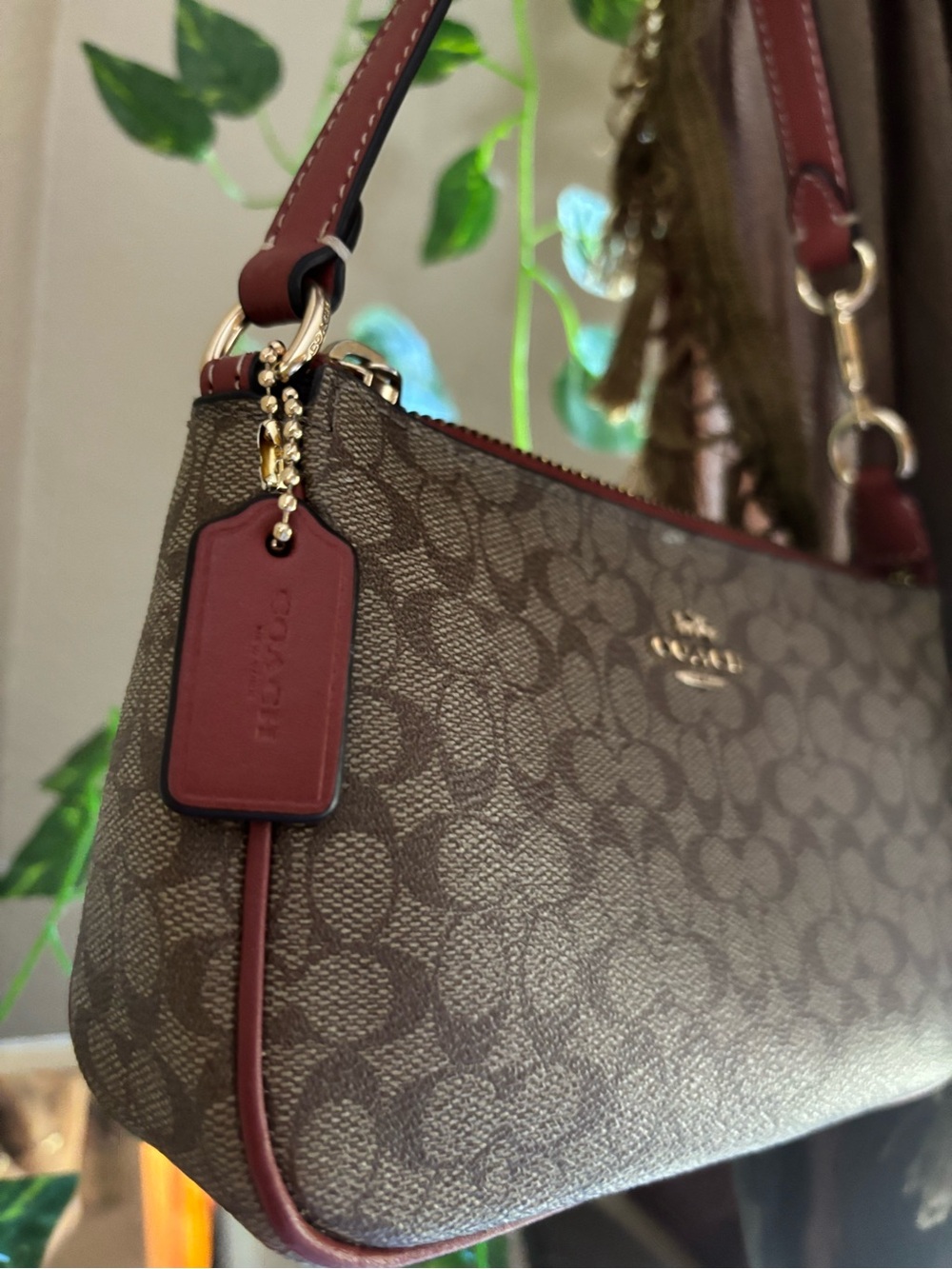 Coach Brown Signature Canvas Shoulder Bag with Burgundy Trim